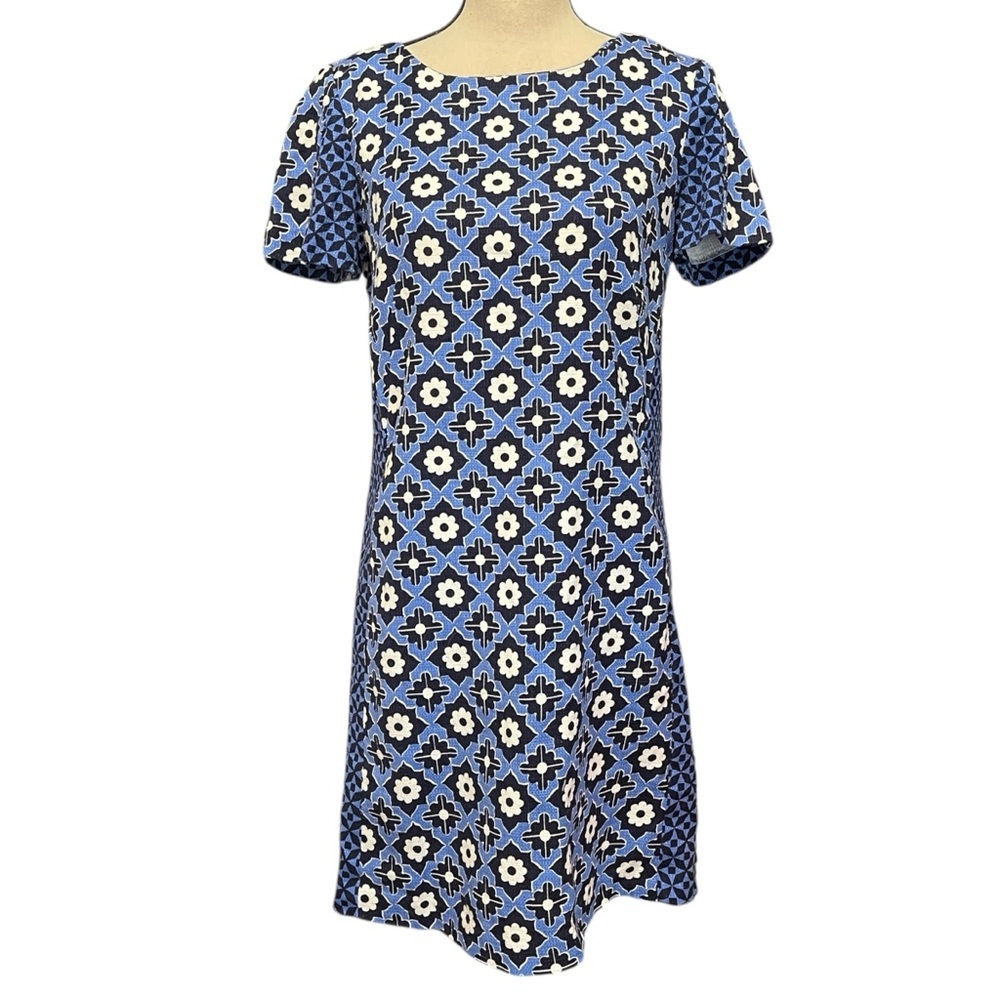 Boden‎ Pippa Blue Geo Floral Pattern Cap Sleeve Shift Dress Women's 6 Regular